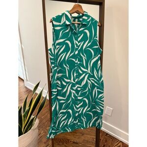 New Chicos Size 2 Emerald Green White Leaf Sleeveless Shirt Dress Midi Tropical